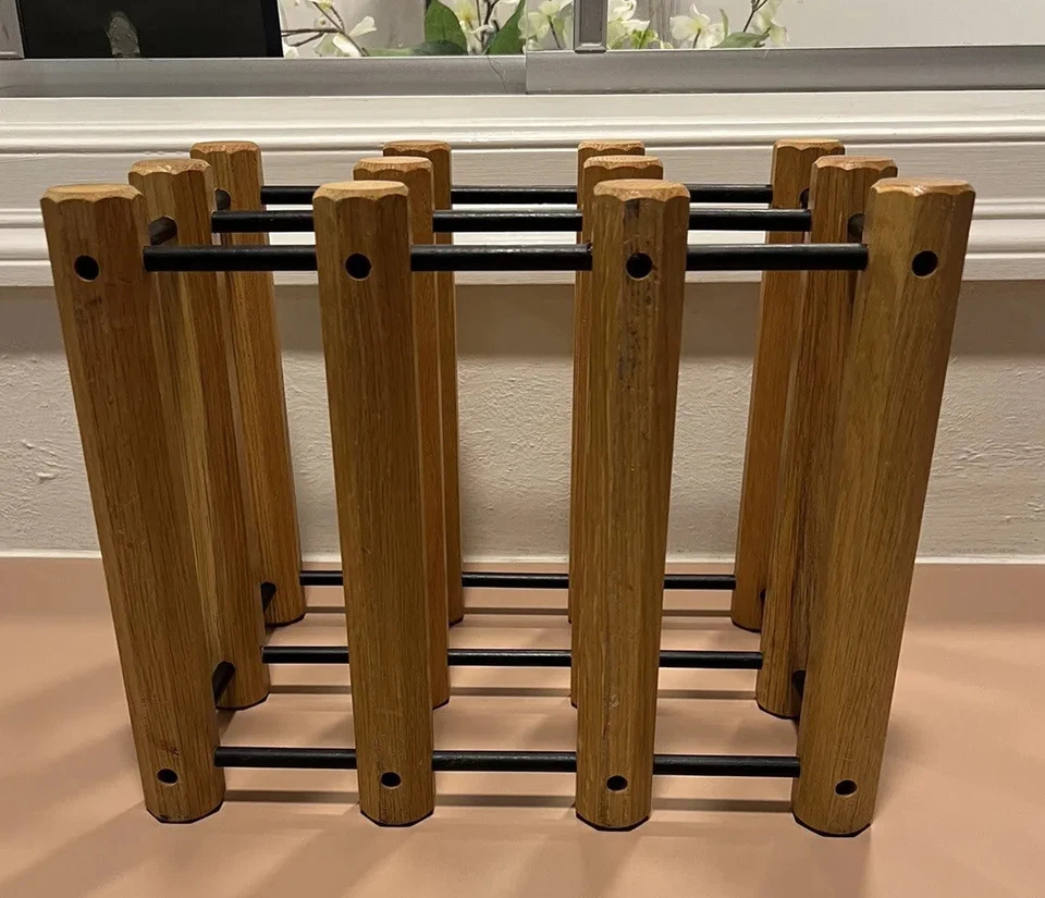 Wine Rack Solid Oak.Mid Century Modern. 6 Bottle Rack with Black Pins - Image 2 of 4