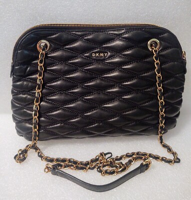 DKNY Quilted Black Leather Gold Chain Shoulder Handbag OOS