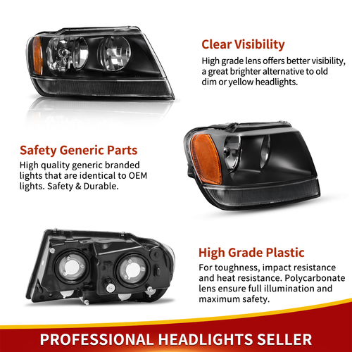 Headlights for 1999-2004 Jeep Grand Cherokee Black Housing Amber Headlamps Pair - Picture 5 of 15