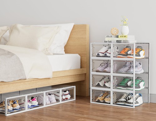 12 x Stackable Foldable Boxes Trainers Organiser Clear Plastic Shoe Storage Box - Picture 18 of 25