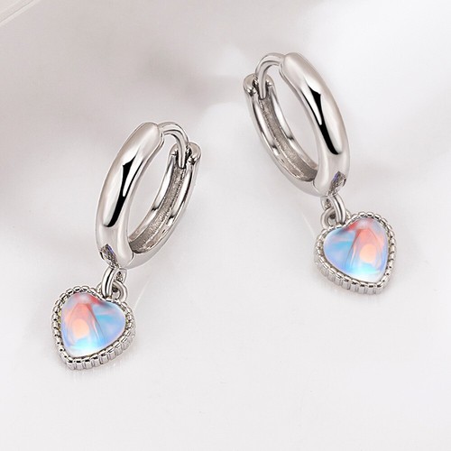 Shiny 925 Sterling Silver Moon Stone Love Heart Dangle/Drop Huggie Earrings Gift - Picture 3 of 10