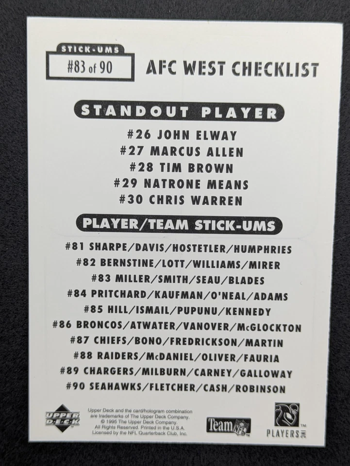 1995 Collector's Choice Update #83 Junior Seau Stick-Ums Card - Image 2 of 2