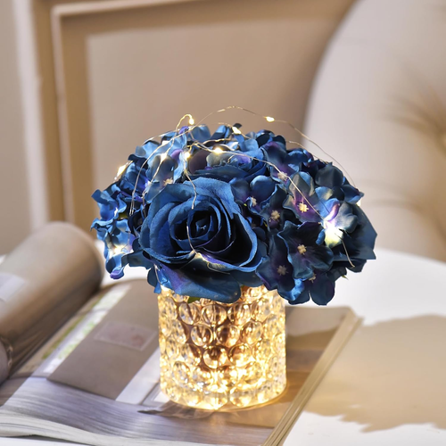 Arreglo floral de seda rosa artificial rosa viva en florero de vidrio con luz LED  - Imagen 3 de 12