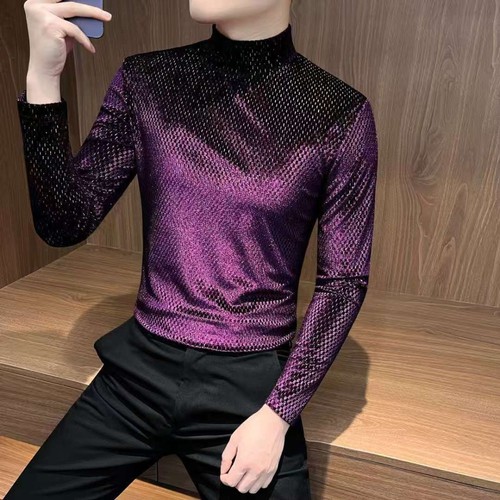 Hombres Camisas de terciopelo Prendas para el torso Blusa Camisas Cuello Tortuga Brillante Brillo Delgado Informal - Imagen 10 de 10