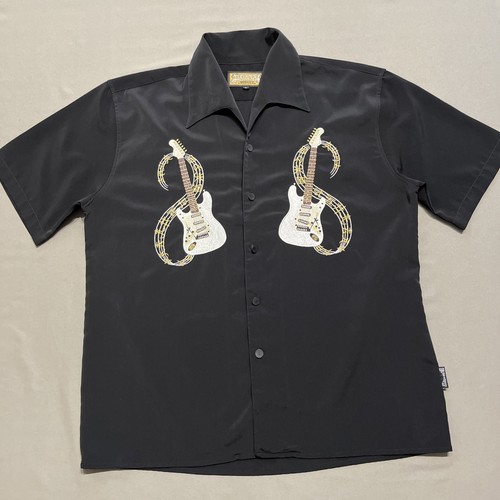 VINTAGE Dragonfly Shirt Mens Large Black Guitar Gaucho Guayabera Rockability Y2K - Picture 1 of 10