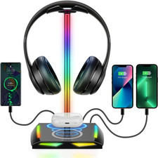 RGB Headphone Stand with 2 USB-C  1 USB Charging Ports, Desk Gaming Headset Hol