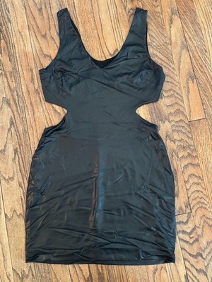 Vintage Y2K 2000s BEBE Faux Leather Open Back Side Cocktail Bodycon Mini Dress L