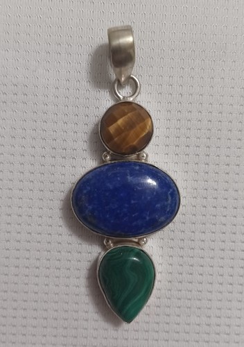 😯 BEAUTIFUL Handmade Silver & LAPIS LAZULI, MALACHITE, & TIGER'S EYE Pendant - Bild 5 von 9