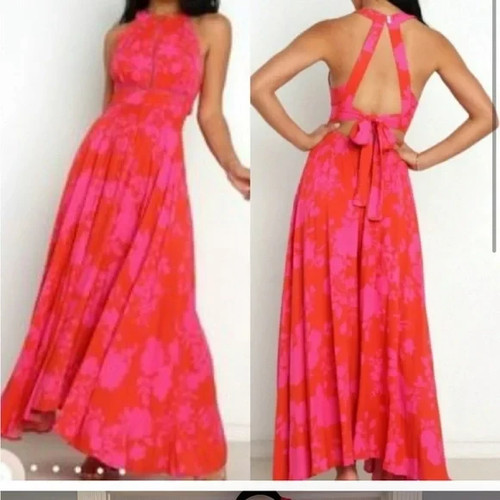 Abel The Label Charlotte Kleid XS lila rot Neckholder Bindeband Maxi Blumen gesmokt - Bild 12 von 16