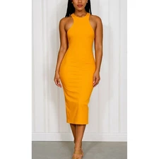 ZARA Orange Bodycon Midi Dress Women's Small Cotton Blend Sleeveless Fitted