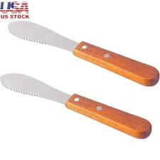 Stainless Steel Cheese Spreaders Wooden Handle Butter Knife Set 2 Pcs 8 Inch New