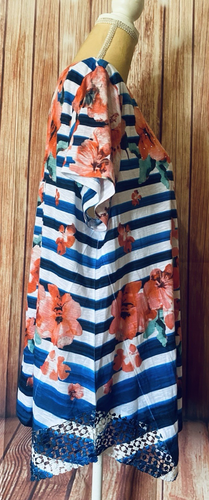 Women’s XXL Blouse Time Tru Floral Striped Short Sleeves V Neck Rhinestones Soft - Picture 6 of 13