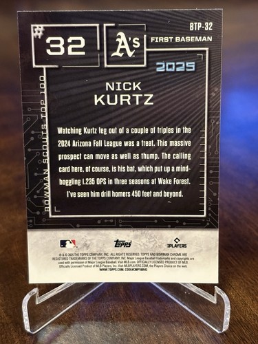 2025 Bowman Chrome Nick Kurtz Scouts Top 100 Mini Diamond /150 #BTP-32 Athletics - Foto 2 di 2