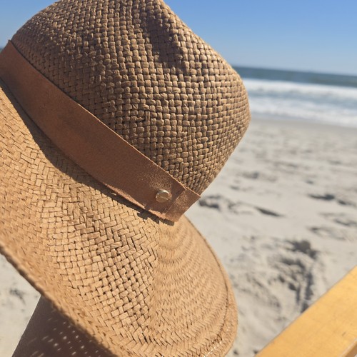 JANESSA LEONE Tan & Suede Banded Straw Wide Brim Hat Size Medium - Picture 3 of 13
