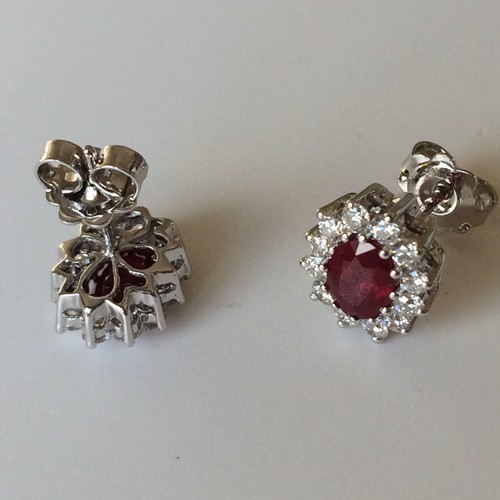 Elegant 18K White Gold Halo Earrings | Oval Rubies & White Diamonds - Picture 4 of 7