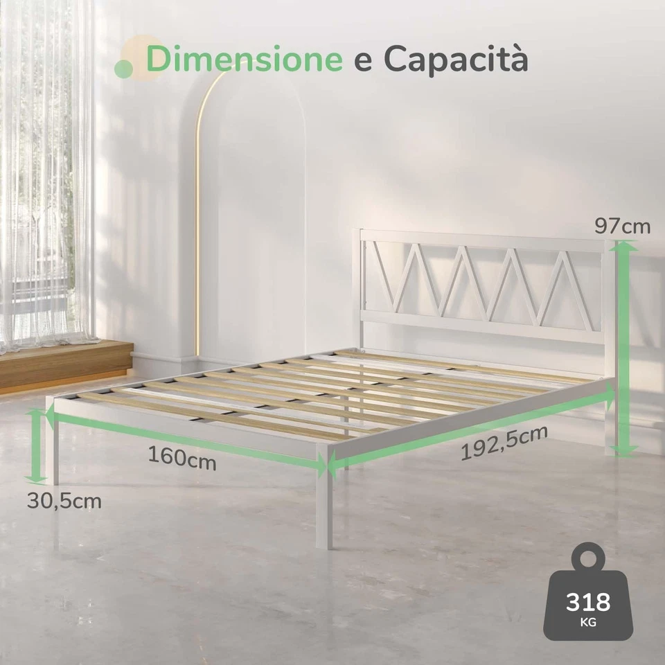 Rete Letto Matrimoniale 160x190 con Testiera e Pediera Struttura Letto a Doghe - Immagine 3 di 4
