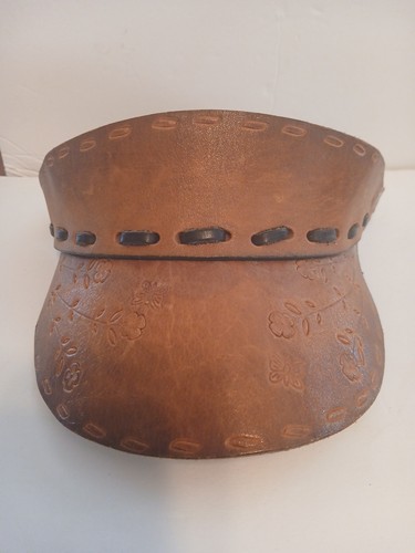 Vintage Brown Leather Hand Tooled Adjustable Visor Hat 70s Hippy Boho