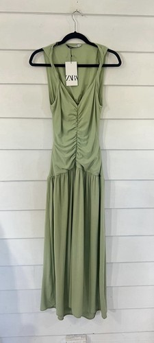 Maxi abito donna ZARA verde pistacchio drappeggiato increspato schiena aperta taglia M Y1066C nuovo - Foto 13 di 24