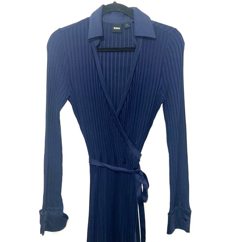 Boss Hugo Boss Faux Wrap Plisse Shirt Dress - Navy S - Picture 3 of 10