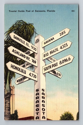 #ad Sarasota FL Florida Tourist Guide Post at Sarasota Vintage Postcard Card View PC $0.99