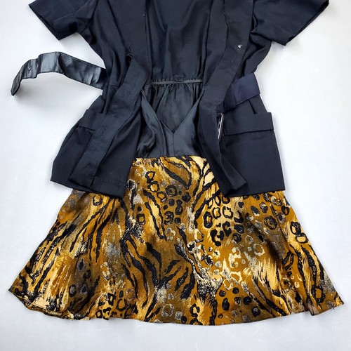 Vintage 80er Wayne Diamond schwarzes Damenkleid Gr. 18 Tiger Safari Schößchen Gürtel USA - Bild 6 von 13