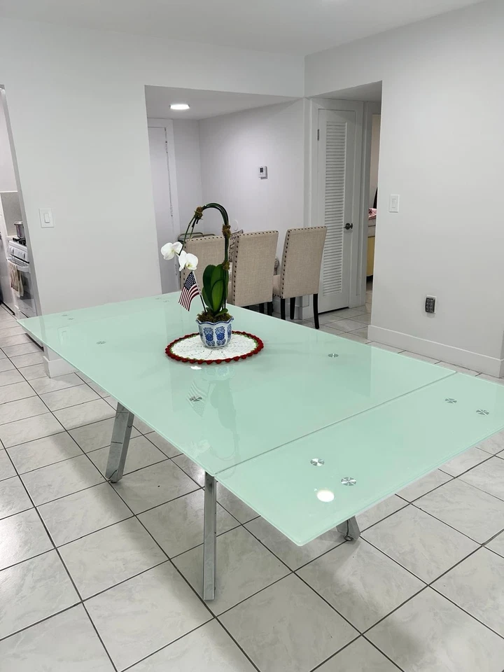Modern Tempered glass table with frosted finish and angled metal legs. - Image 2 of 2