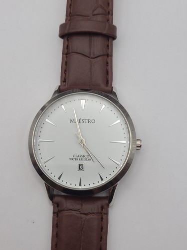 Maestro Classico Men's Watch White Dial Brown Band New Battery Working