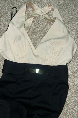 Bebe Black & Cream Halter Wide-Leg with Metallic Waist Jumpsuit - Picture 7 of 7