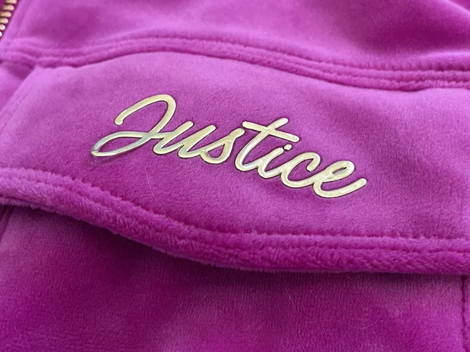 Justice XS 5/6 Rosa Púrpura Terciopelo Difuso Con Capucha Cremallera Sudadera Chaqueta Camisa Foto 3 de 4