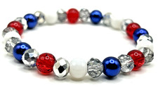 7.5" Patriotic Red, White, Blue, Silver Glass Beaded Stretch Bracelet USA 250th