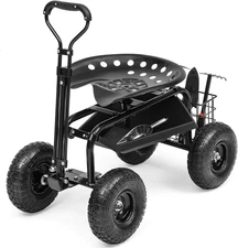 Rolling Garden Cart with 360° Swivel Work Seat, Adjustable Height, 10" Pneumatic