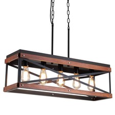Rustic Farmhouse Kitchen Island Lighting, Wood and Metal Linear Chandelier, 5...