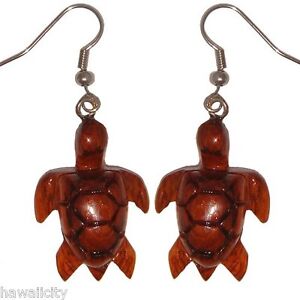 hawaiian wood koa turtle honu earrings jewelry hawaii sea maui carved hand dangle shell necklace coconut