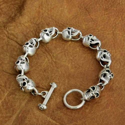 Pulsera Calaveras Detalles Plata de Ley 925 Motociclista Rock Punk Cadena TA264B - Imagen 2 de 19