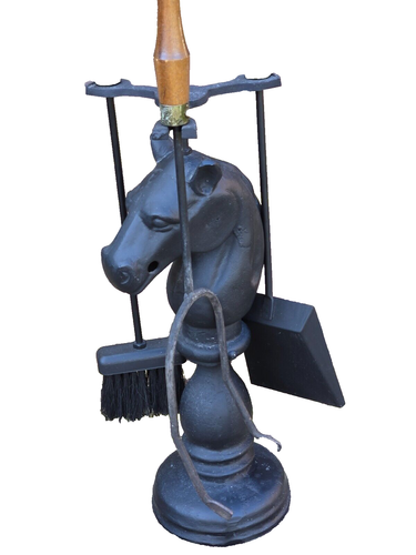 Vtg Equestrian Horse Head Hitching Post Cast Iron Fireplace 3 Piece Tool Set - Picture 7 of 13