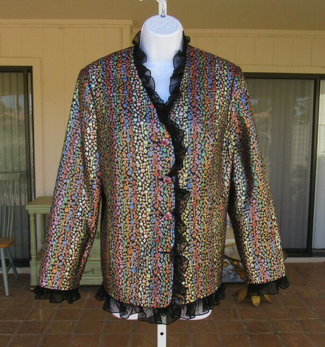 VTG 1980s SUK - HUI LTD BROCADE BLAZER SILK ? RUFFLE TRIM CRYSTAL BUTTONS LINED - Picture 1 of 12
