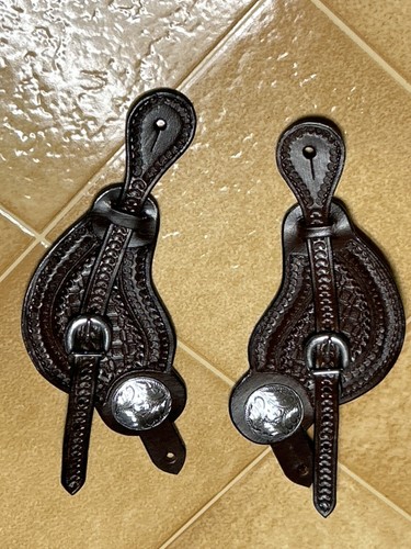 3 Sets of leather Cowboy Boot Spur Straps 2 New 1 Used Fancy Dark & Light Brown - Picture 5 of 8