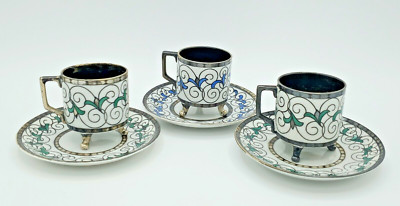MITTERTEIGH BAVARIA Demitasse 3 Cups & Saucers. 2 Green 1 Blue Silver Plated