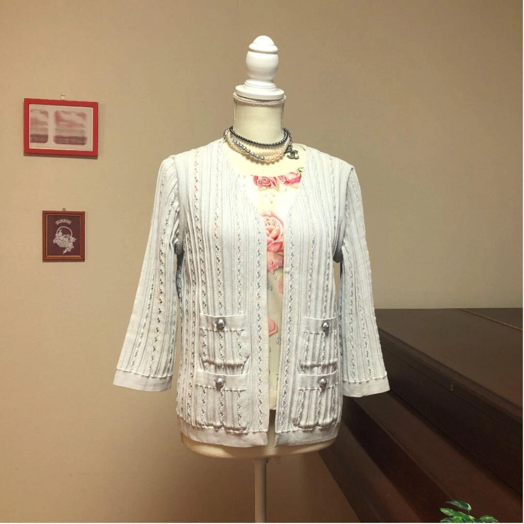 Giacca Chanel senza colletto grigio ghiaccio cotone taglia 42 donna