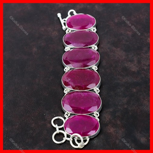 Valentines Sale Natural Kashmir Rubi Chain Bracelet Jewelry 925 Sterling Silver - Picture 3 of 6