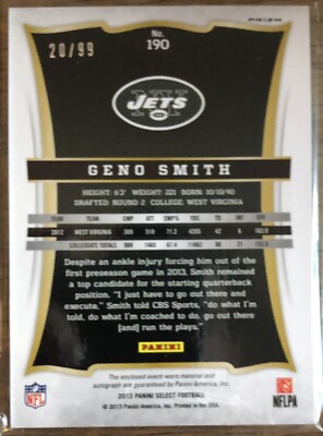 2013 Select Silver Geno Smith RPA Rookie Patch Auto /99 #190