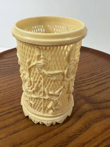 Vtg Floral Carved Celluloid Cocktail Appetizer Toothpick Forks Holder No Lid - Picture 3 of 7