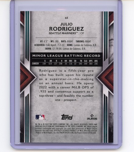 2022 TOPPS MUSEUM COLLECTION JULIO RODRIGUEZ ROOKIE RC #65 MARINERS - Foto 2 di 2
