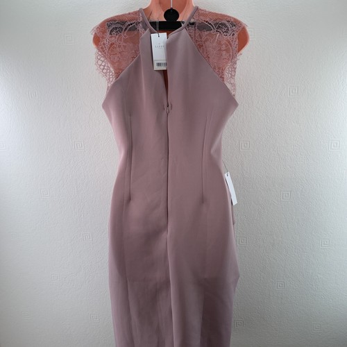 Lipsy Eyelash Bodycon Midi Dress Wrap Front, Lace Shoulder Frill Size UK 16 Nude - Picture 7 of 20