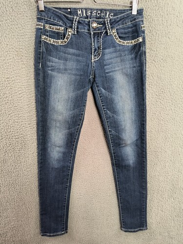 Miss Chic Jeans Juniors 5 Waist 29 USA Bling Jeweled Skinny Stretch Flap Pocket - Picture 4 of 14
