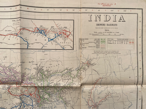 Mappa d'epoca 1944; India che mostra ferrovie, indagine degli uffici dell'India mappa limitata - Foto 2 di 6