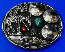 End of Trail Indian Buffalo Nickel Genuine Turquoise Coral Stone SSI Belt Buckle