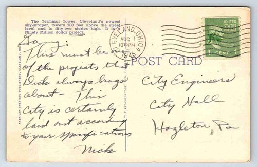 1945 Public Square Higbee Store Terminal Tower Hotel Cleveland Ohio Postcard - Picture 2 of 2