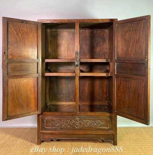 27.2" Old Chinese Huali Wood Carved Flower Leaf Pattern Furniture Cabinet - Picture 3 of 9