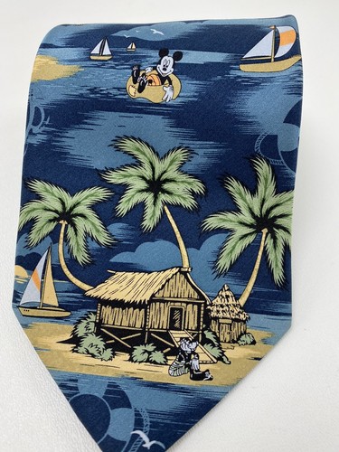 Walt Disney World Men's Neck Tie Mickey Mouse Boat Anchor Island Hut 100% Silk - Picture 2 of 7